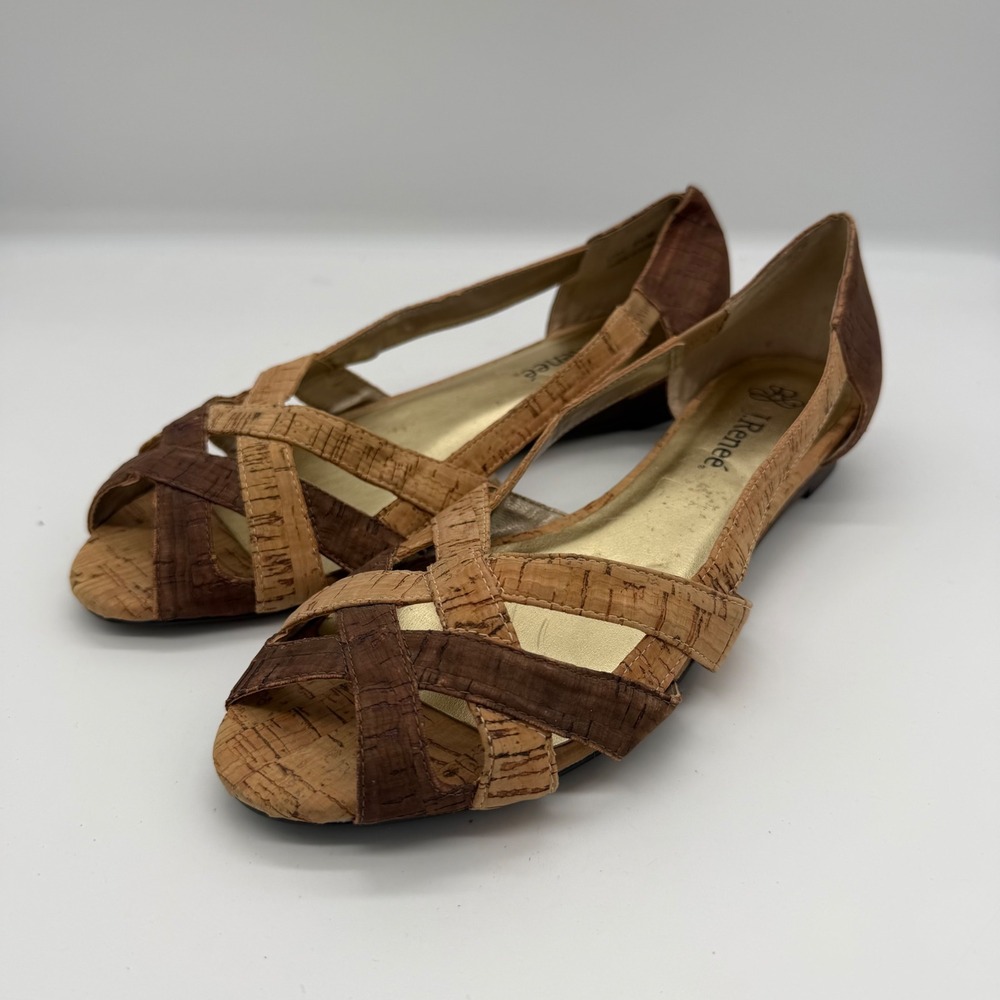 J Renee Cori Cork Strappy Wedge Sandals Brown Tan Women 8.5 M Boho Casual Dress